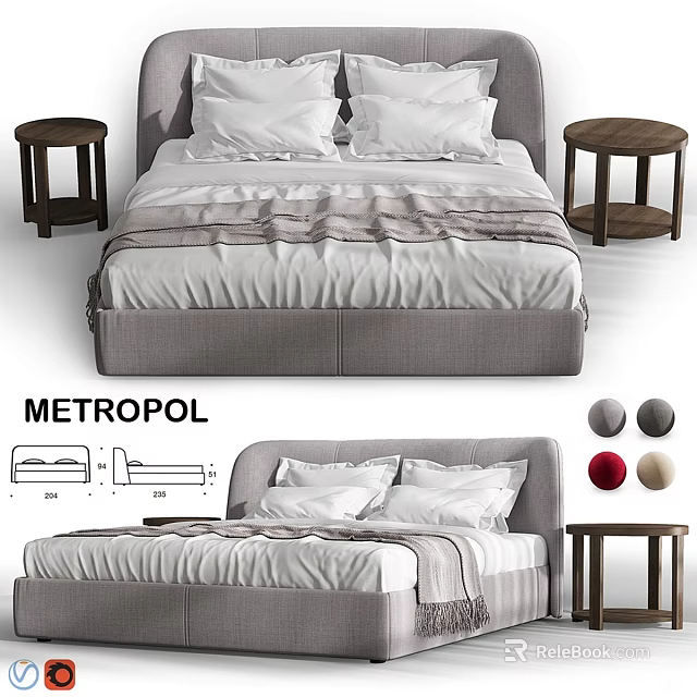 Metropol Modern Bed Design With Nightstands Color Options And Diagram 3d model 