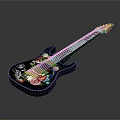 Stylish Black Electric Guitar with Colorful Floral Embroidery Green Neck and Brown Headstock
