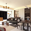 Modern Living Dining Room Interior With Sofa Coffee Table Chandelier Bookshelf Rug And Dining Chairs