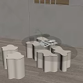 Modern Glass Top Coffee Table With White Wave Shaped Base And Stools 3d model