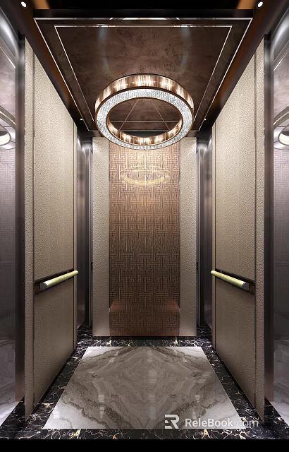 Elegant Elevator Interior With Patterned Wall Metal Frames And Circular Ceiling Light 3d model 