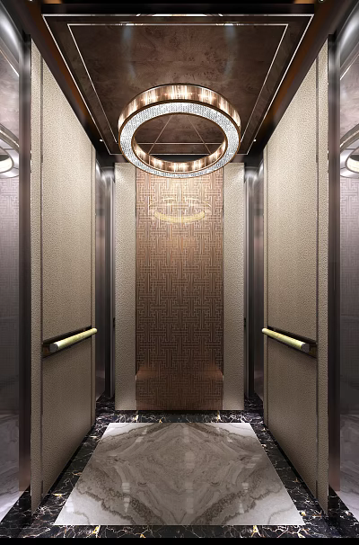 Elegant Elevator Interior With Patterned Wall Metal Frames And Circular Ceiling Light 3d model
