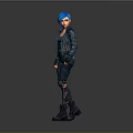 3D Rendered Female Character With Blue Hair Leather Jacket Tactical Pants And Boots