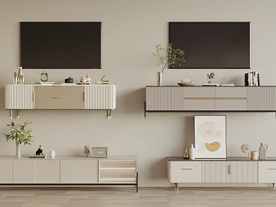 Modern TV Stand With Wooden Design TV Mounted Above Decorative Items And Potted Plants 3d model