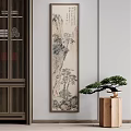 Traditional Chinese Landscape Painting Hung on Wall with Bonsai Tree and Wooden Decor