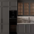 Elegant Modern Kitchen Cabinets With Dark Gray Glass Doors And Marble Countertop