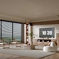 Modern Living Room Interior Design With Large Windows Blinds White Curved Sofa And Wooden Floor