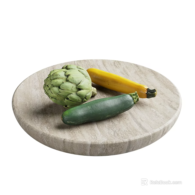 Fresh Artichoke Yellow Zucchini And Green Zucchini On Wooden Cutting Board 3d model 