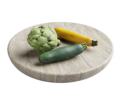 Fresh Artichoke Yellow Zucchini And Green Zucchini On Wooden Cutting Board 3d model