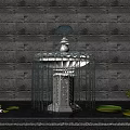 Garden Ornament White Fountain Stone Wall Background With Lily Pads Lotus Flowers And Green Plants