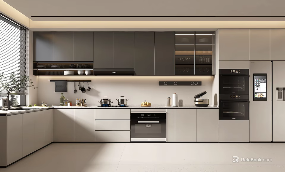 Modern Kitchen Interior With Gray White Cabinets Built in Appliances And Countertop Lighting 3d model 