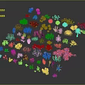 Cartoon Scene Featuring Colorful Various Shaped Plants Scattered on Dark Background
