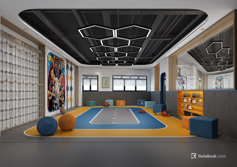 Indoor Fitness Space With Colorful Balls Climbing Net Track Mat And Hexagon Lights 3d model 