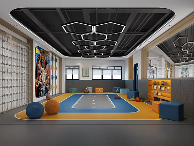 Indoor Fitness Space With Colorful Balls Climbing Net Track Mat And Hexagon Lights 3d model