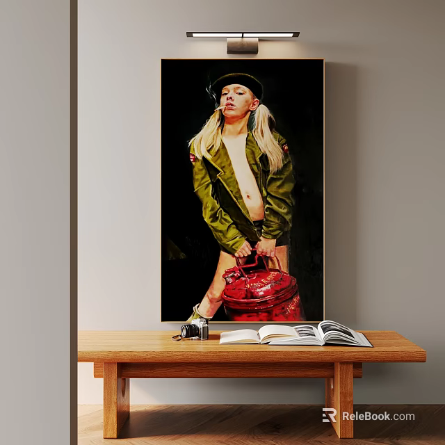 Portrait Painting of Blonde Woman in Green Jacket with Red Bag and Hat 3d model 