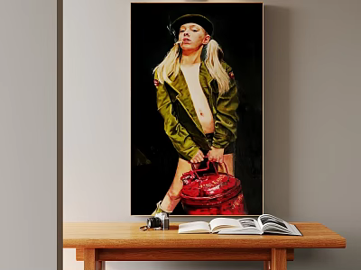 Portrait Painting of Blonde Woman in Green Jacket with Red Bag and Hat 3d model