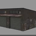 Dark Metal Industrial Building With Multiple Roll Up Doors On Green Screen Background