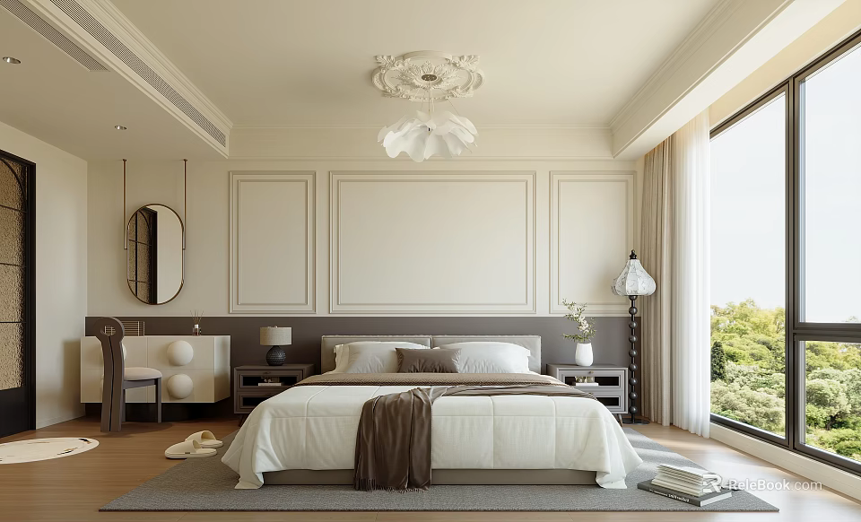 Elegant Modern Beige Bedroom Interior With Headboard Chandelier Mirror Nightstand Table Lamp Window And Rug 3d model 