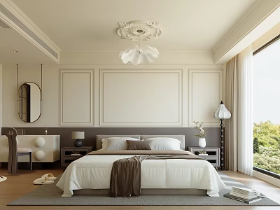 Elegant Modern Beige Bedroom Interior With Headboard Chandelier Mirror Nightstand Table Lamp Window And Rug 3d model