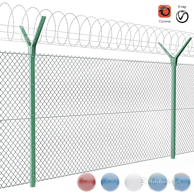 Security Metal Fence With Barbed Wire Topped Posts And Mesh Design 3d model 