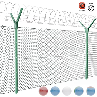 Security Metal Fence With Barbed Wire Topped Posts And Mesh Design 3d model