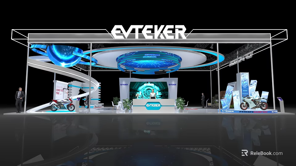 EVTEKER Modern Exhibition Booth With Blue Lighting Circular Structure Tech Display Area And Products 3d model 