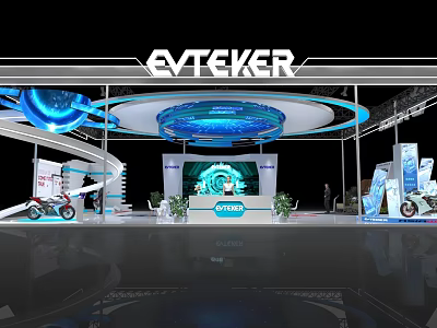 EVTEKER Modern Exhibition Booth With Blue Lighting Circular Structure Tech Display Area And Products 3d model