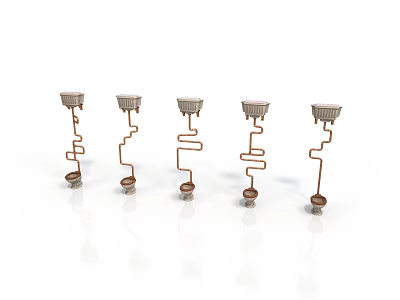 Five Copper Decorative Light Fixtures With Curved Brackets Top Shade And Base Stands 3d model