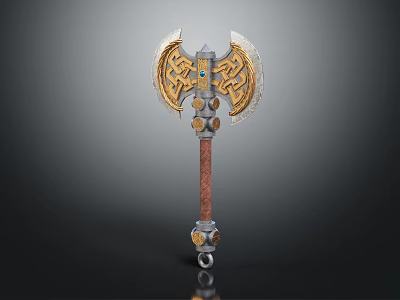 Ornate Double Bladed Axe Weapon With Golden Patterns Blue Gemstone And Brown Handle 3d model