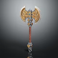 Ornate Double Bladed Axe Weapon With Golden Patterns Blue Gemstone And Brown Handle