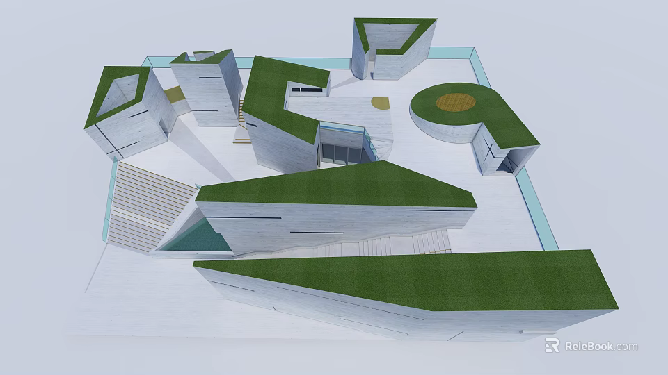 Modern Geometric Museum Architecture Featuring White Buildings Green Roofs And Open Courtyard 3d model 