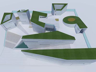 Modern Geometric Museum Architecture Featuring White Buildings Green Roofs And Open Courtyard 3d model