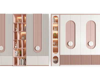Modern Wardrobe Interior Design With Pink White Circular Panels And Open Storage Shelves 3d model