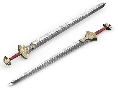 Ancient Swords With Red Hilt And Metal Blade Ornate Design 3d model
