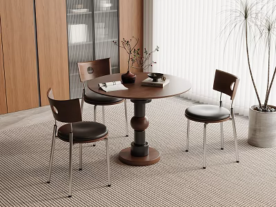 Modern Dining Area With Round Wooden Table Three Chairs Window Blinds And Potted Plant 3d model
