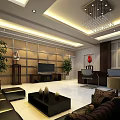 Modern Office Interior Design With Wooden Bookshelves Chandelier Sofa And Large Green Plant