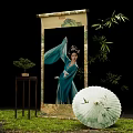 Art Installation With Scroll Painting Woman In Blue Traditional Dress Bamboo And Green Umbrella