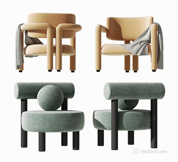 Modern Beige And Light Green Accent Chairs With Armrests Black Legs And Checkered Blankets 3d model 