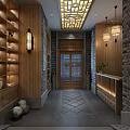 Traditional Chinese Tea House Interior With Latticed Wooden Ceiling Wooden Shelves Tea Sets And Tables