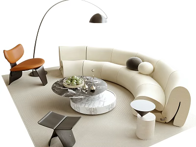 Modern Beige Sofa and Coffee Table Set with Marble Top Accent Chairs and Floor Lamp 3d model