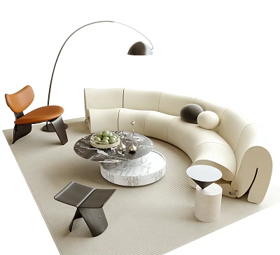 Modern Beige Sofa and Coffee Table Set with Marble Top Accent Chairs and Floor Lamp 3d model