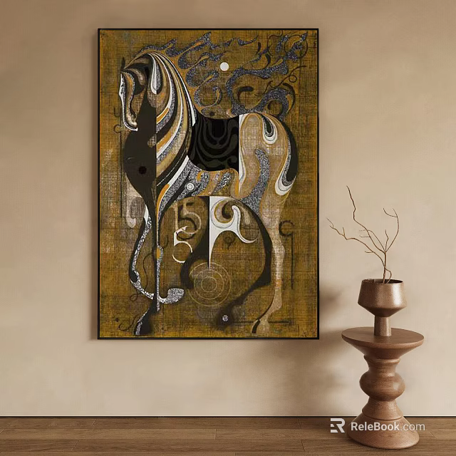 Abstract Horse Animal Painting with Gold Black Beige Colors on Beige Wall and Decorative Stand 3d model