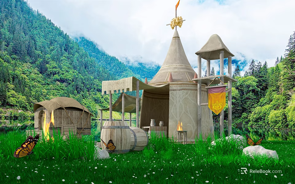 Scenic Camping Tent With Green Grass Butterflies Wooden Barrels Flags And Mountain Views 3d model 