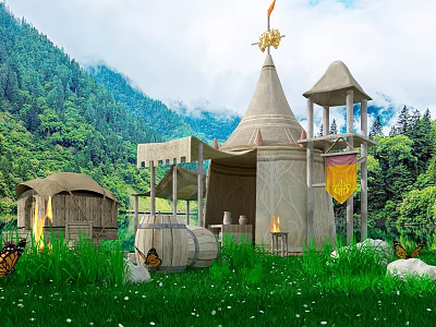 Scenic Camping Tent With Green Grass Butterflies Wooden Barrels Flags And Mountain Views 3d model