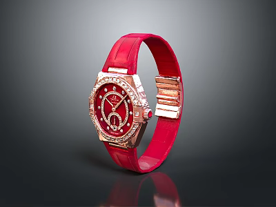Stylish Red Strap Watch With Gold Case And Diamond Accents 3d model