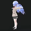 Woman With Blue Hair Pigtails Beige Coat Black Skirt Red Bow Tie Arms Outstretched