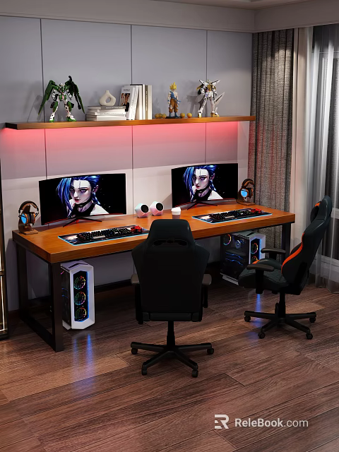 Gaming Office Desk With Dual Monitors Showing Character Keyboard Mouse Mug Gaming Chairs Red Lighting 3d model 
