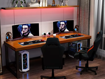Gaming Office Desk With Dual Monitors Showing Character Keyboard Mouse Mug Gaming Chairs Red Lighting 3d model