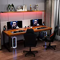 Gaming Office Desk With Dual Monitors Showing Character Keyboard Mouse Mug Gaming Chairs Red Lighting