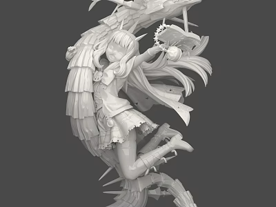 3D Model of Anime Girl with Dragon Shaped Decoration Wings and Long Hair Dress 3d model
